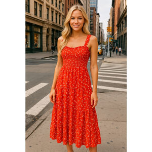 Everlane Smocked Maxi Dress Pockets Cottagecore Red Ditsy Floral Cotton XL Trend